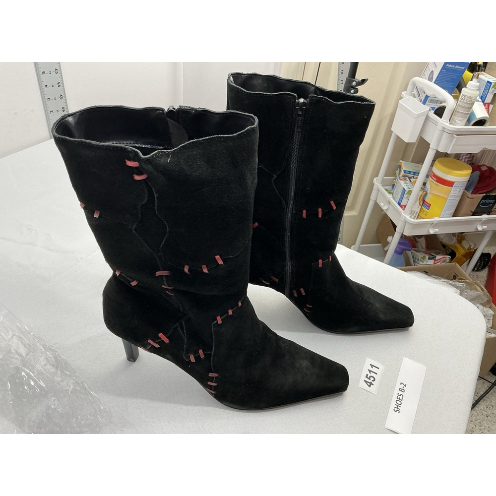 Womans Maraolo Month Mid Calf Boots 8.5 Black Red Pointed Toe Side Zip Stilettos
